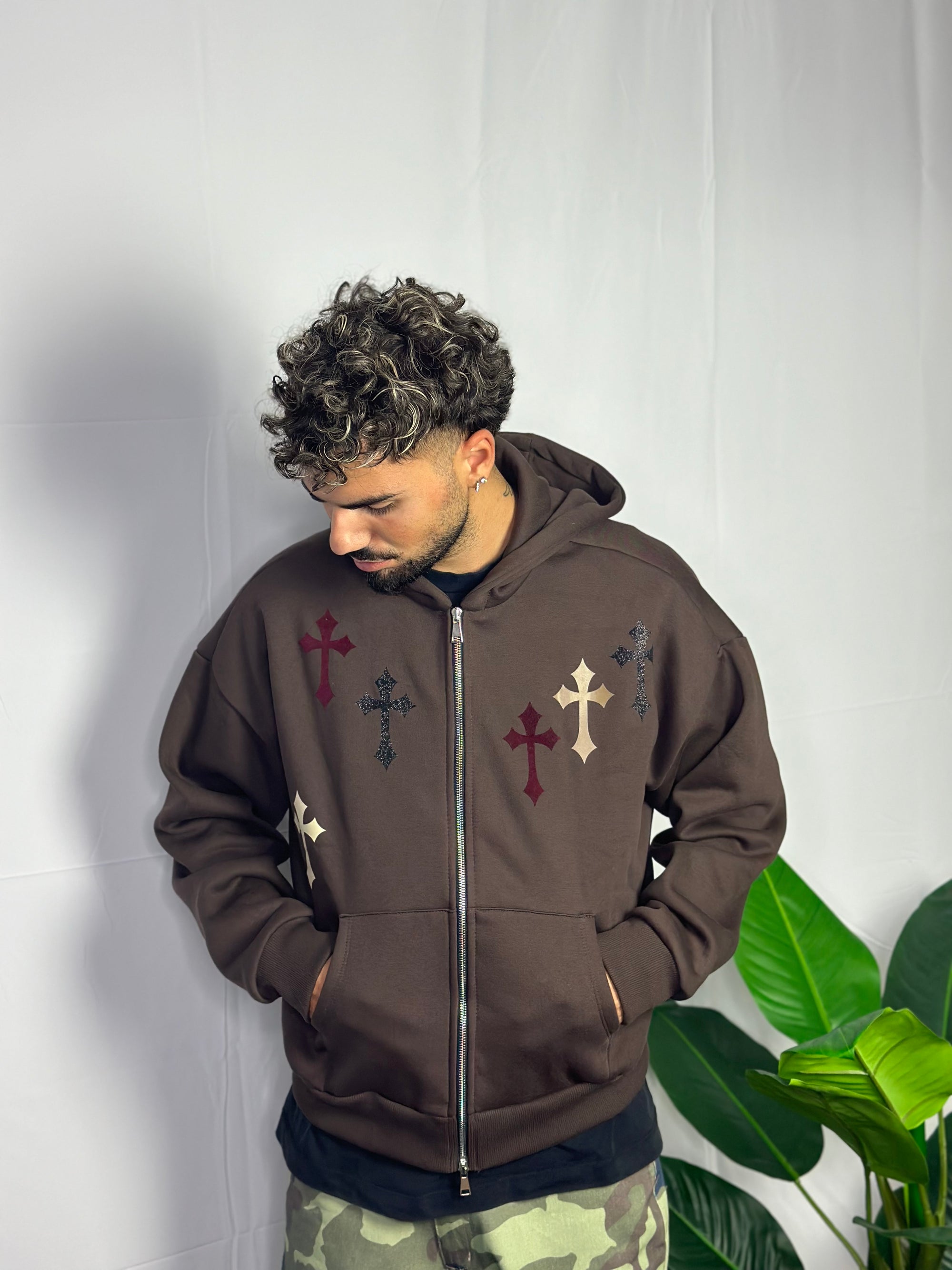 Hoodie Zip Crosses Marrone