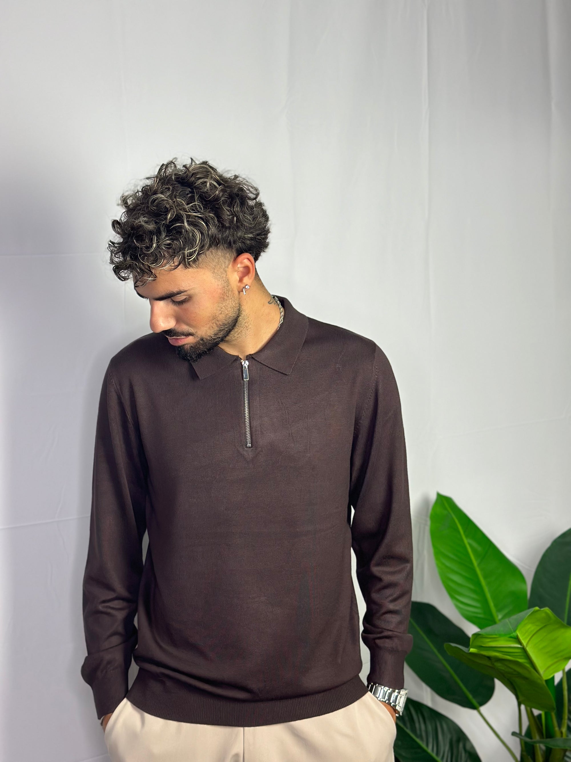 Polo Basic Mezza Zip Marrone