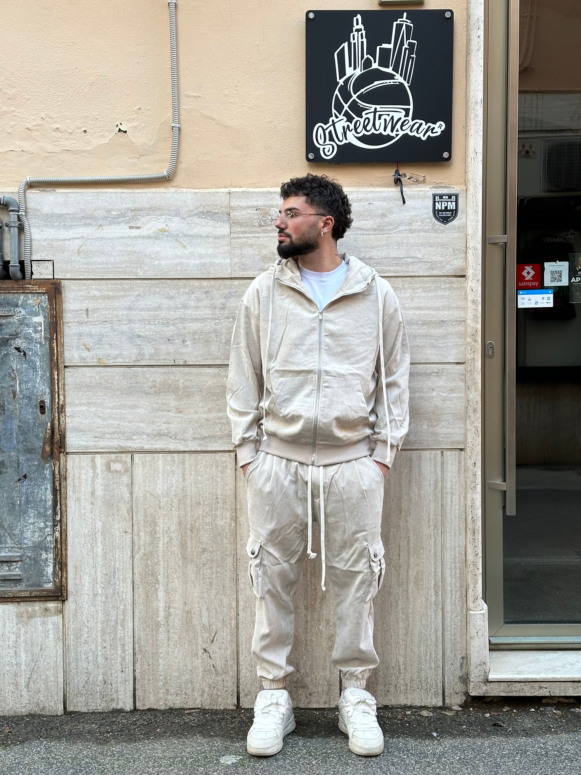Tuta cargo a costine beige