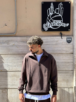 Felpa Garzata Mezza Zip Marrone